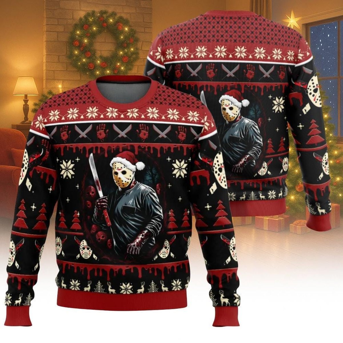 Jason Voorhees Christmas Black Ugly Sweater Horror Movie Killer Funny Holiday Jumper