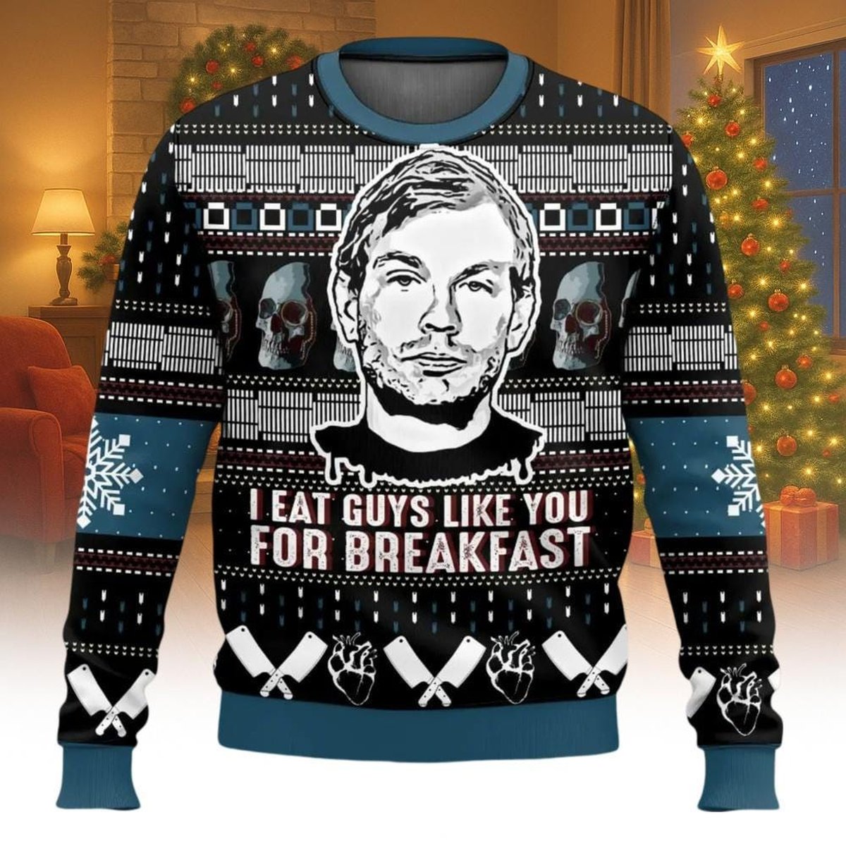 Jeffrey Dahmer Funny Serial Killer Christmas Black Ugly Sweater Creepy Holiday Knit Jumper
