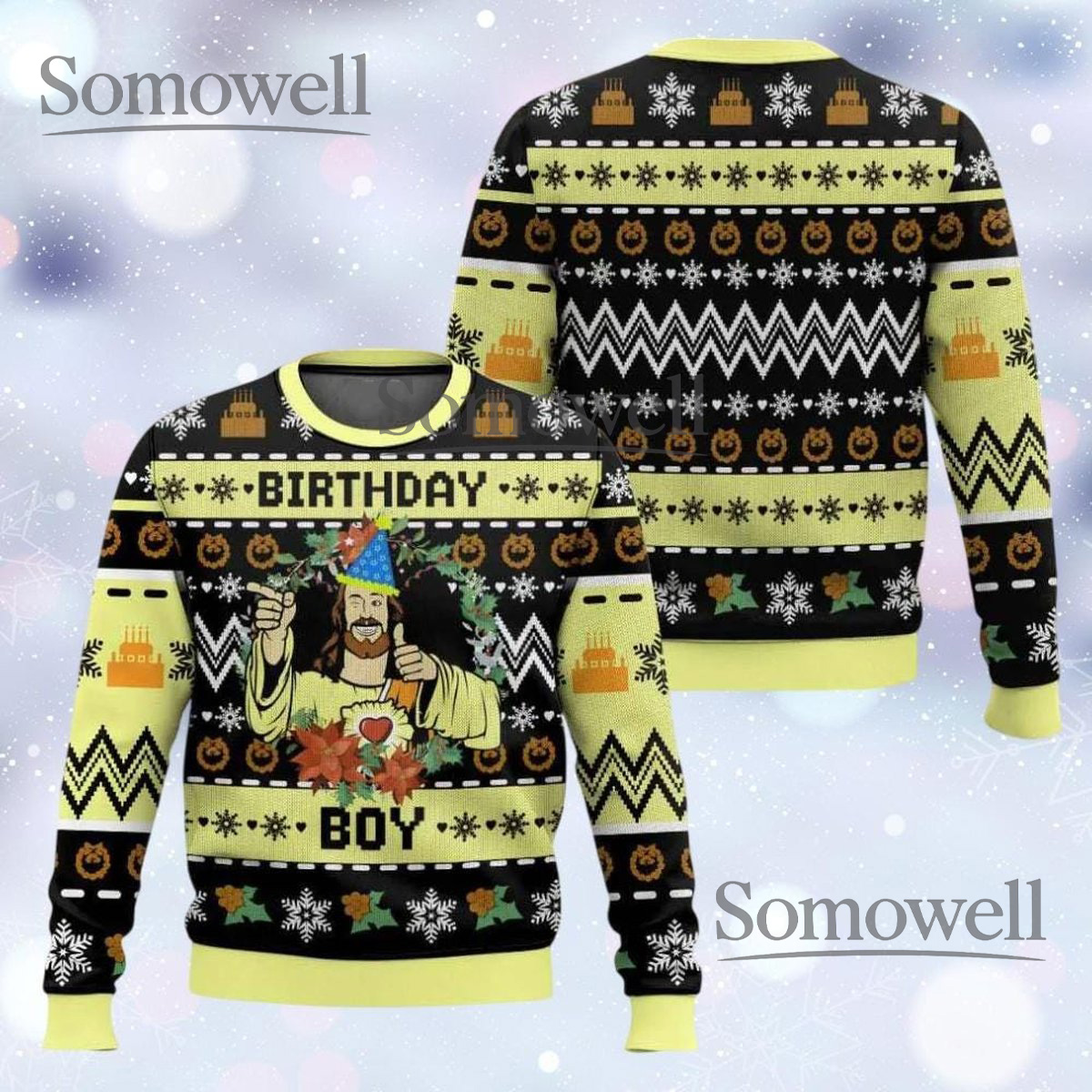 Jesus Birthday Boy Yellow Ugly Christmas Sweater Funny Religious Holiday Knit Jumper