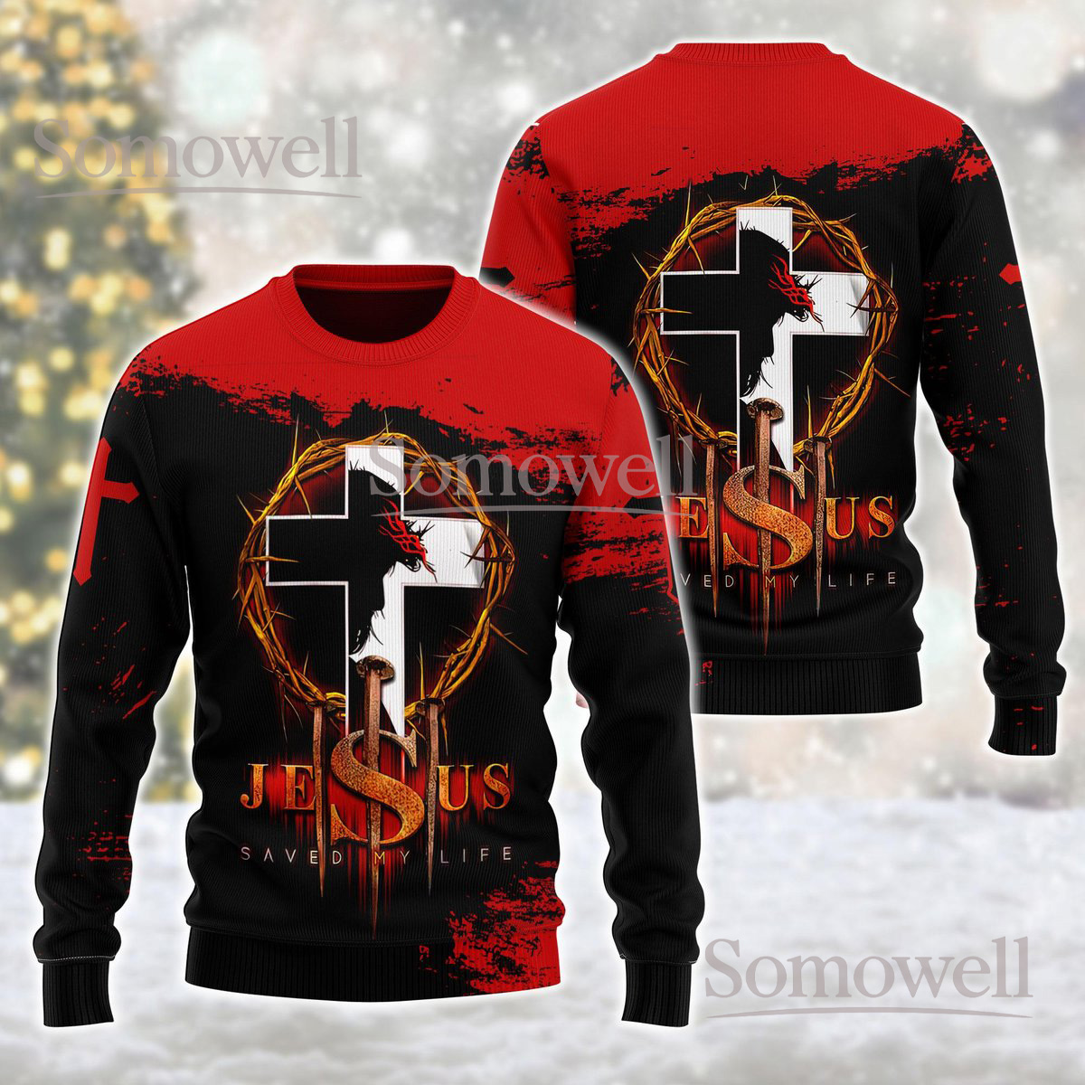 Jesus Christ Saved My Life Red Cross Christian Christmas Sweater Religious Holiday Knit Jumper