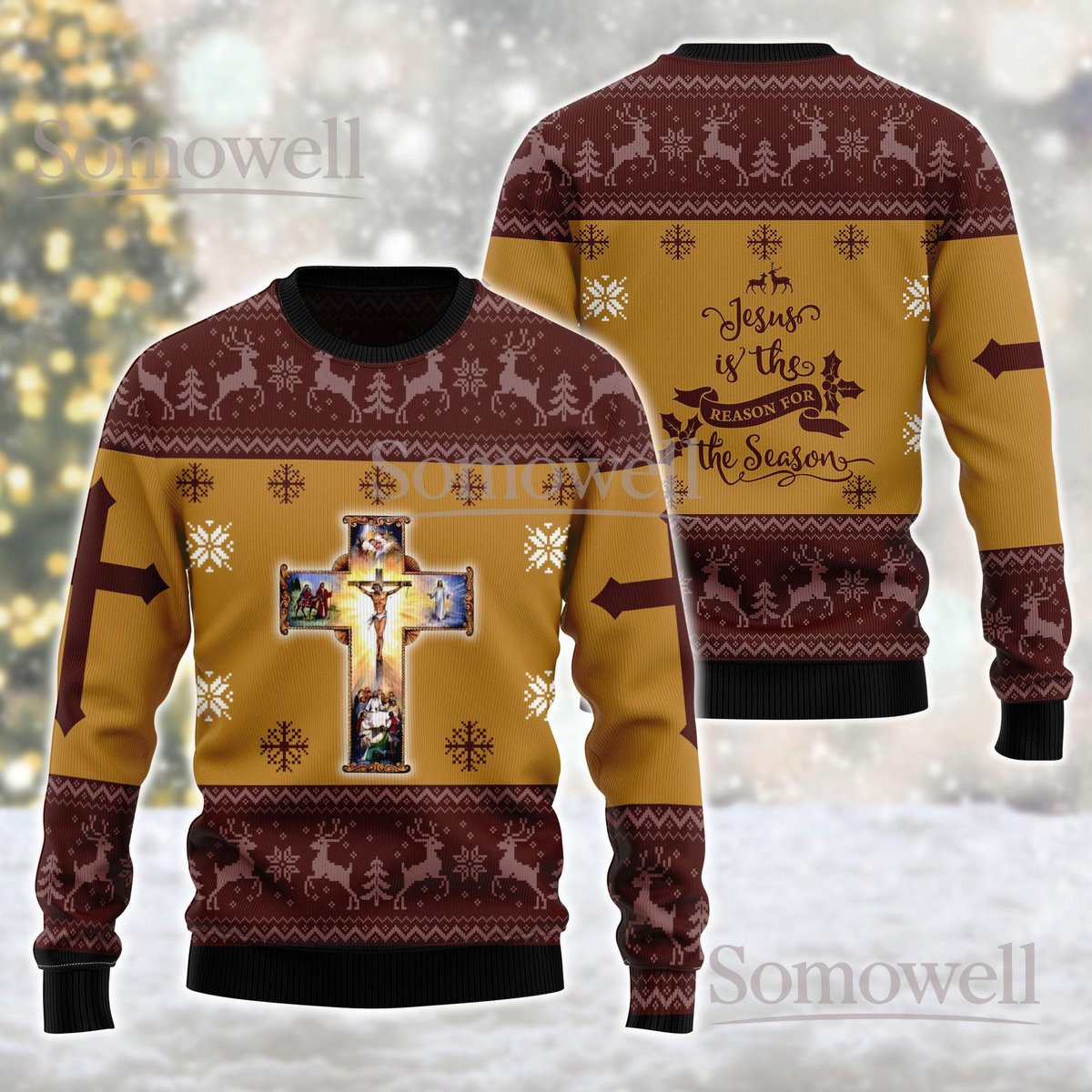 Jesus Christian Cross Christmas Sweater Religious Holiday Knit Jumper Faith Gift For Believers