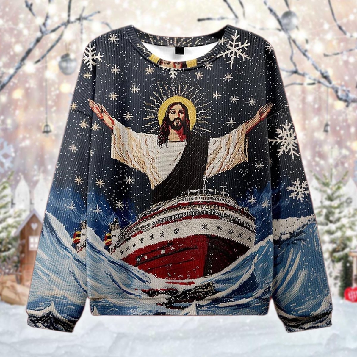 Jesus Cruise Ship Ugly Sweater Savior On Boat Funny Religious Christmas Outfit