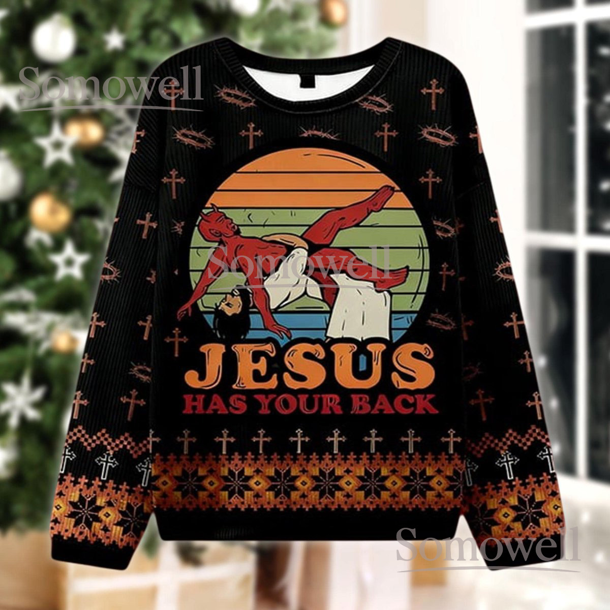Jesus Has Your Back Funny Ugly Christmas Sweater Religious Meme Holiday Gift