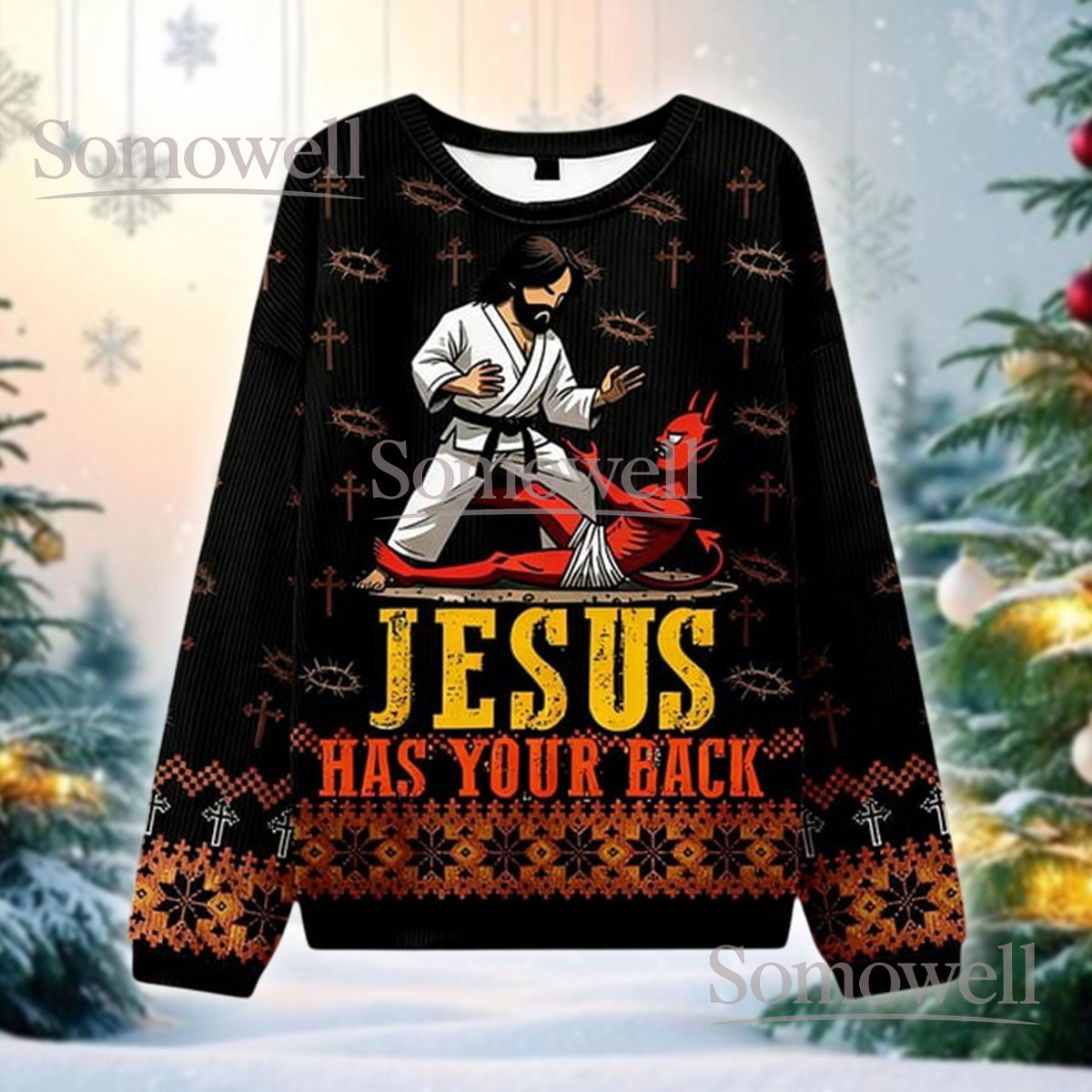 Jesus Karate Has Your Back Ugly Christmas Sweater Funny Religious Holiday Gift