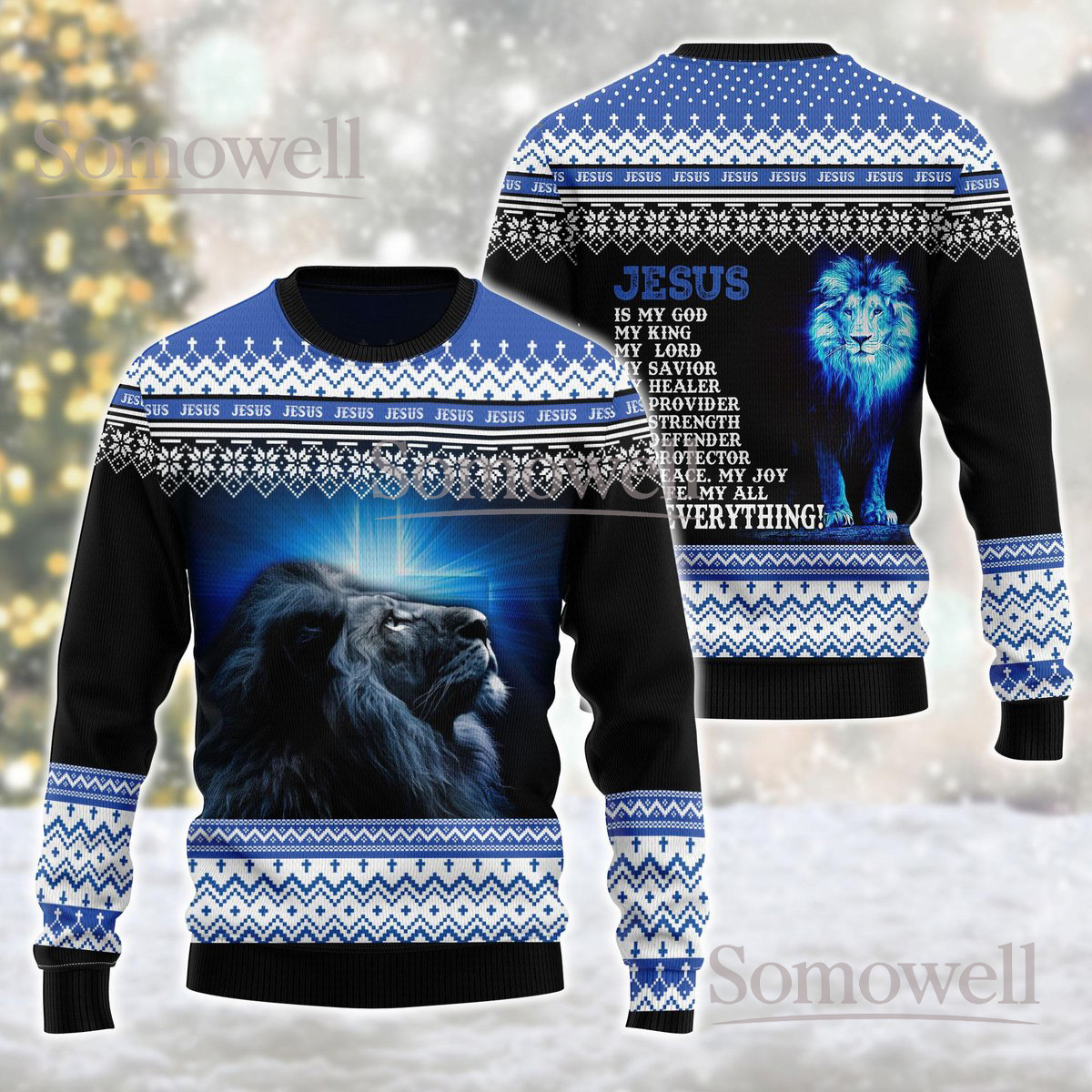 Jesus Is My Everything Lion Christian Christmas Sweater Religious Faith Holiday Knit Jumper