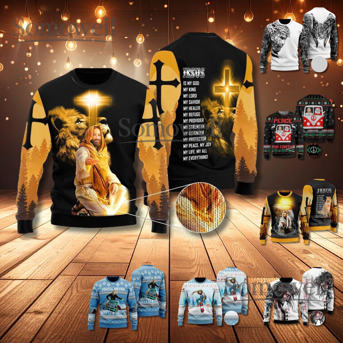 Jesus Lion of Judah Christian Christmas Sweater Faith Religious Knit Pullover