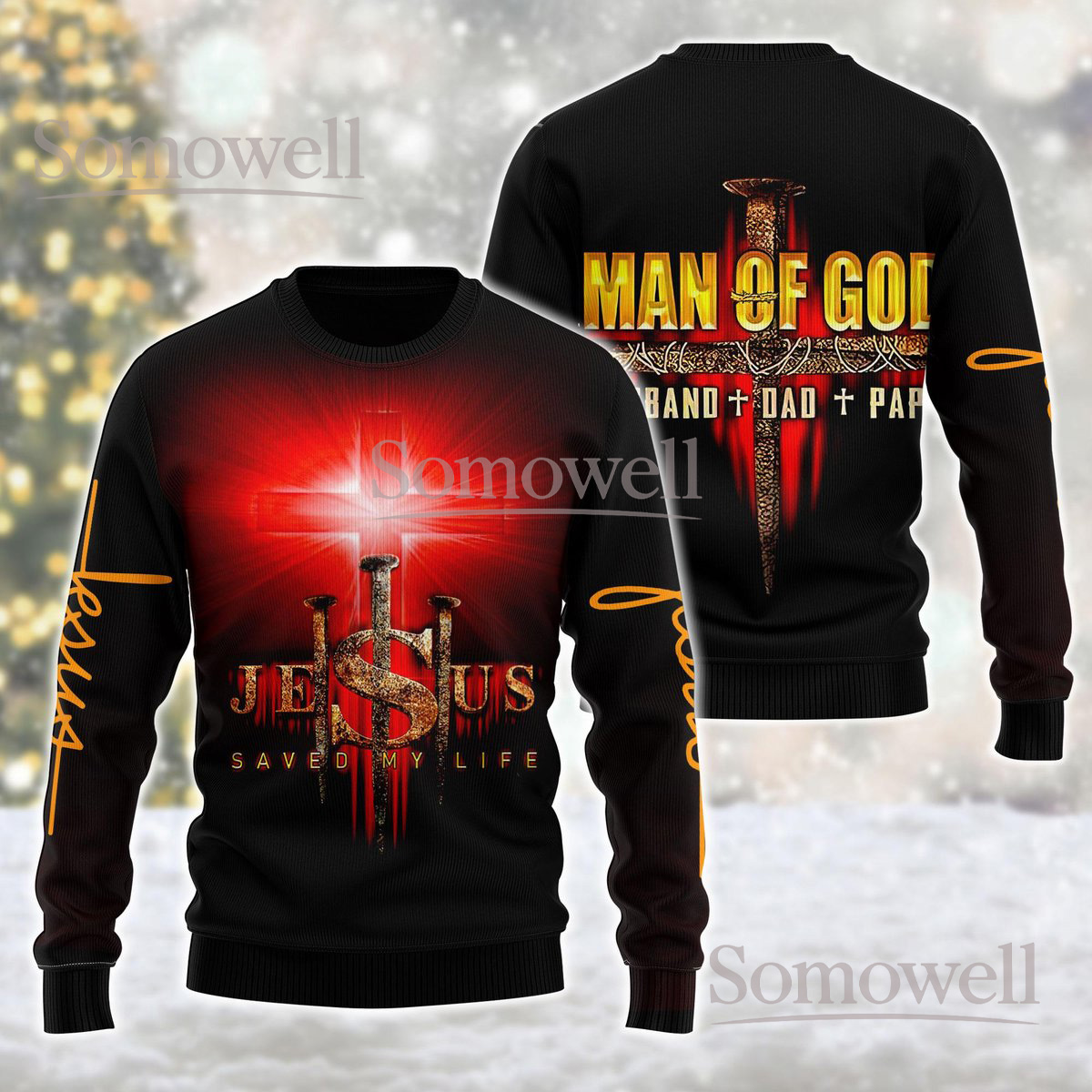 Jesus Man Of God Christian Cross Ugly Sweater Holiday Knit Jumper Gift
