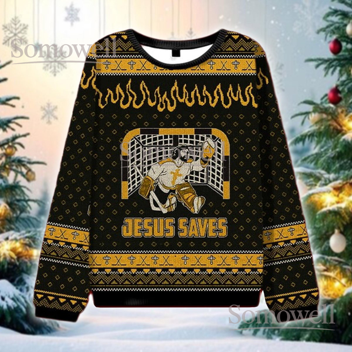 Jesus Saves Hockey Goalie Ugly Christmas Sweater Holiday Knit Jumper
