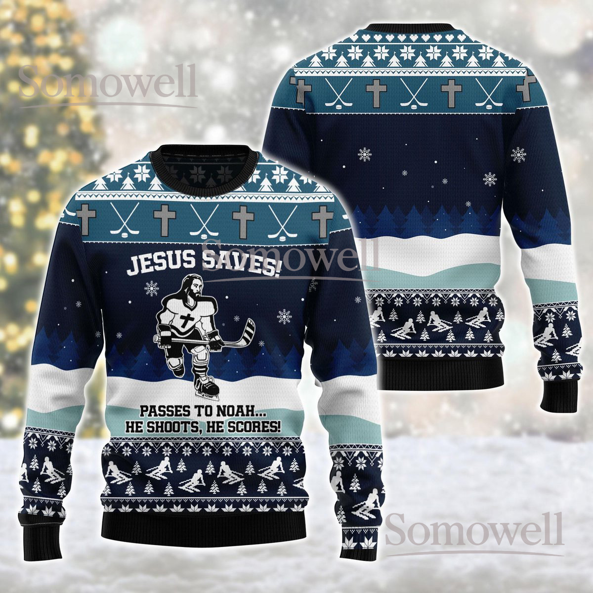 Jesus Saves Hockey Ugly Christmas Sweater Holiday Knit Jumper Gift