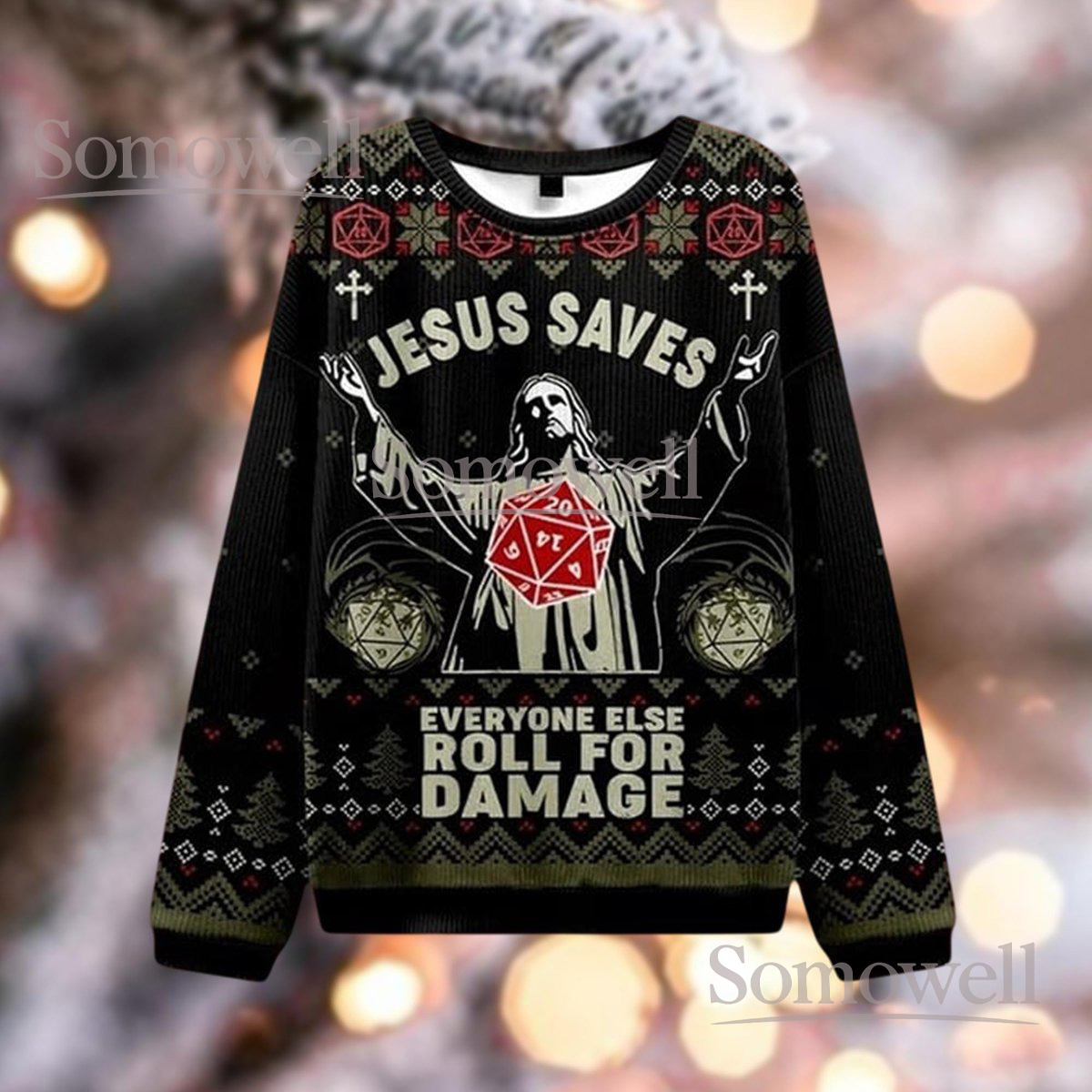 Jesus Saves Roll for Damage Ugly Christmas Sweater Funny DnD Religious Holiday Gift