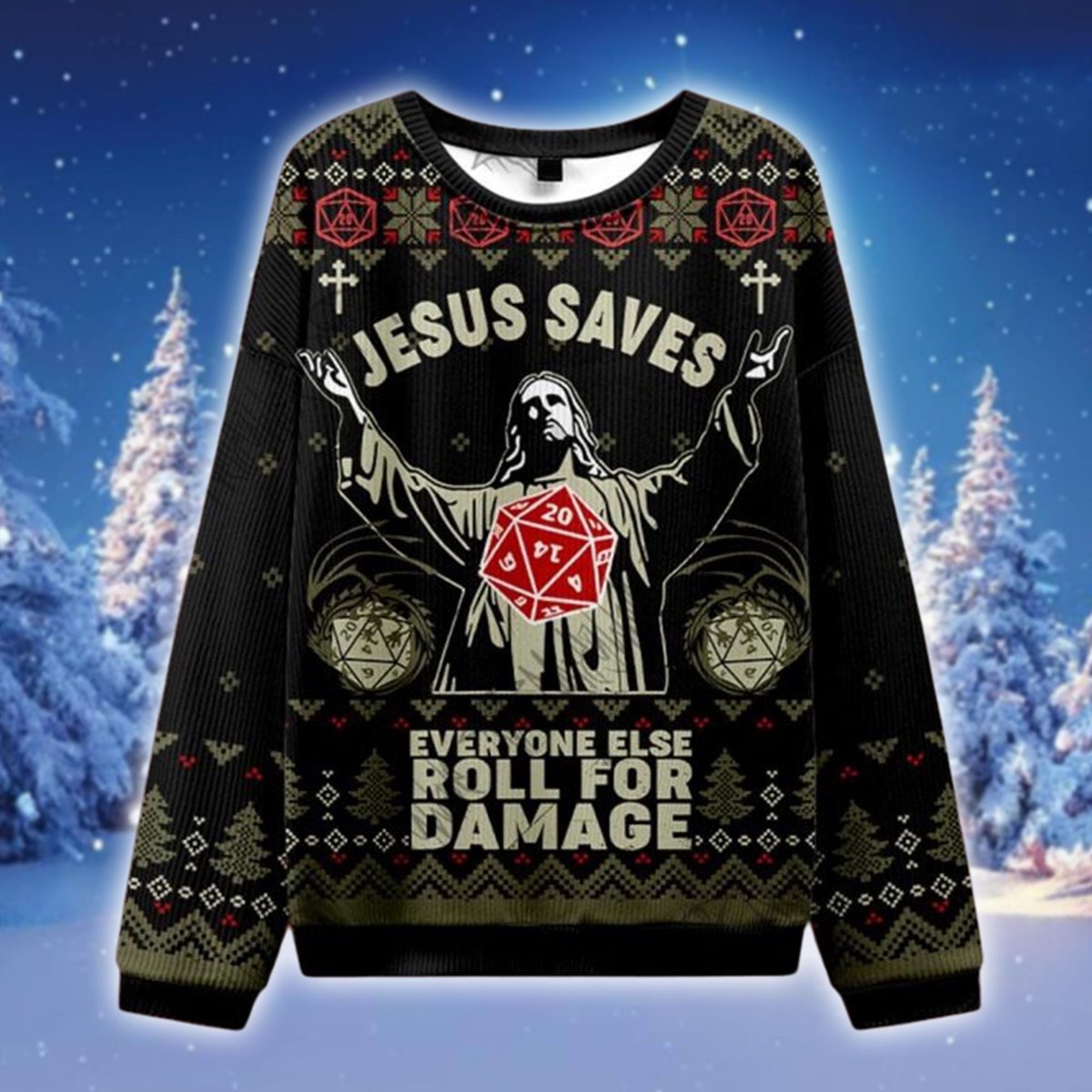 Jesus Saves Roll For Damage Ugly Sweater DND Dice Gamer Funny Christmas Gift