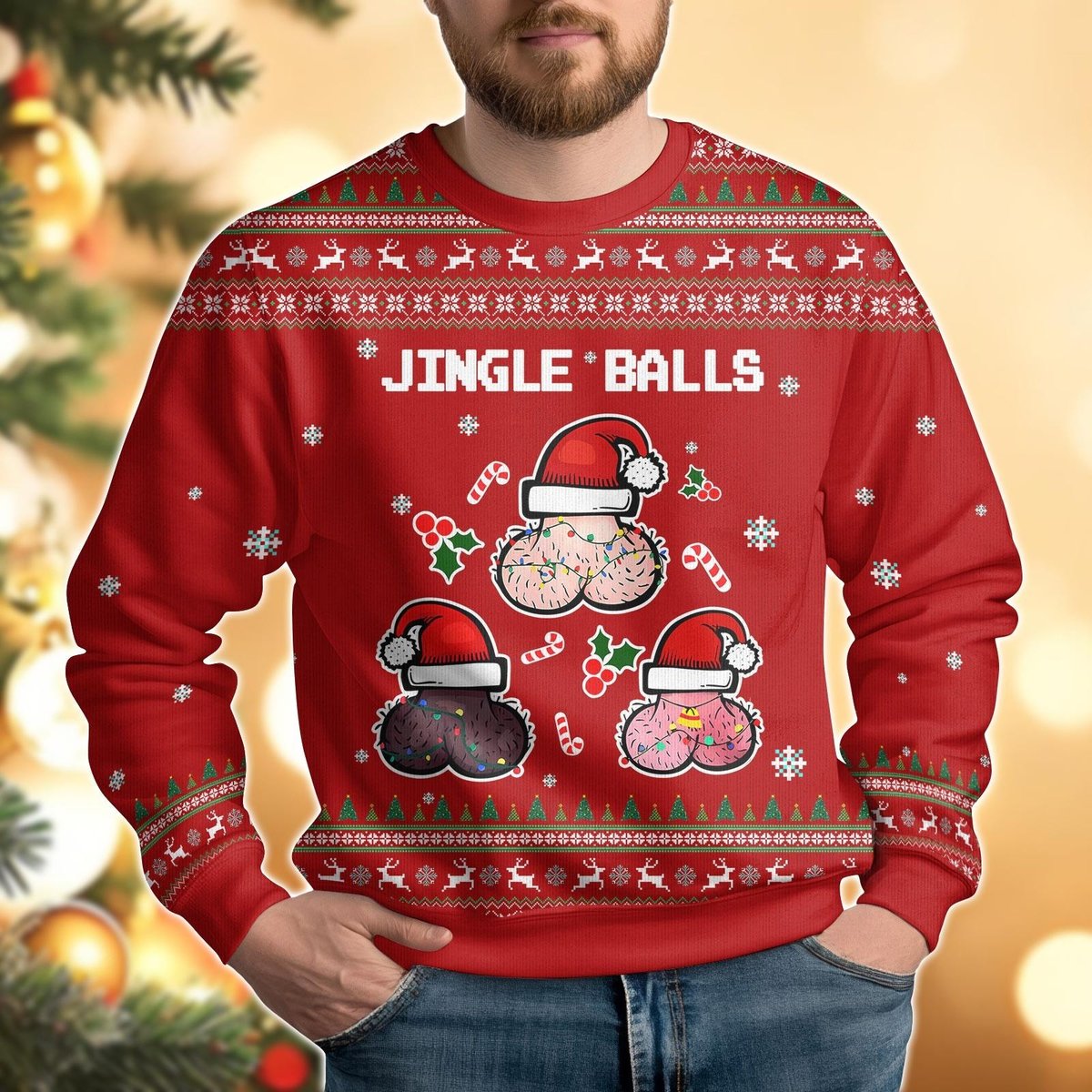 Jingle Balls Christmas Red Ugly Sweater Funny Adult Humor Holiday Novelty Knit Jumper