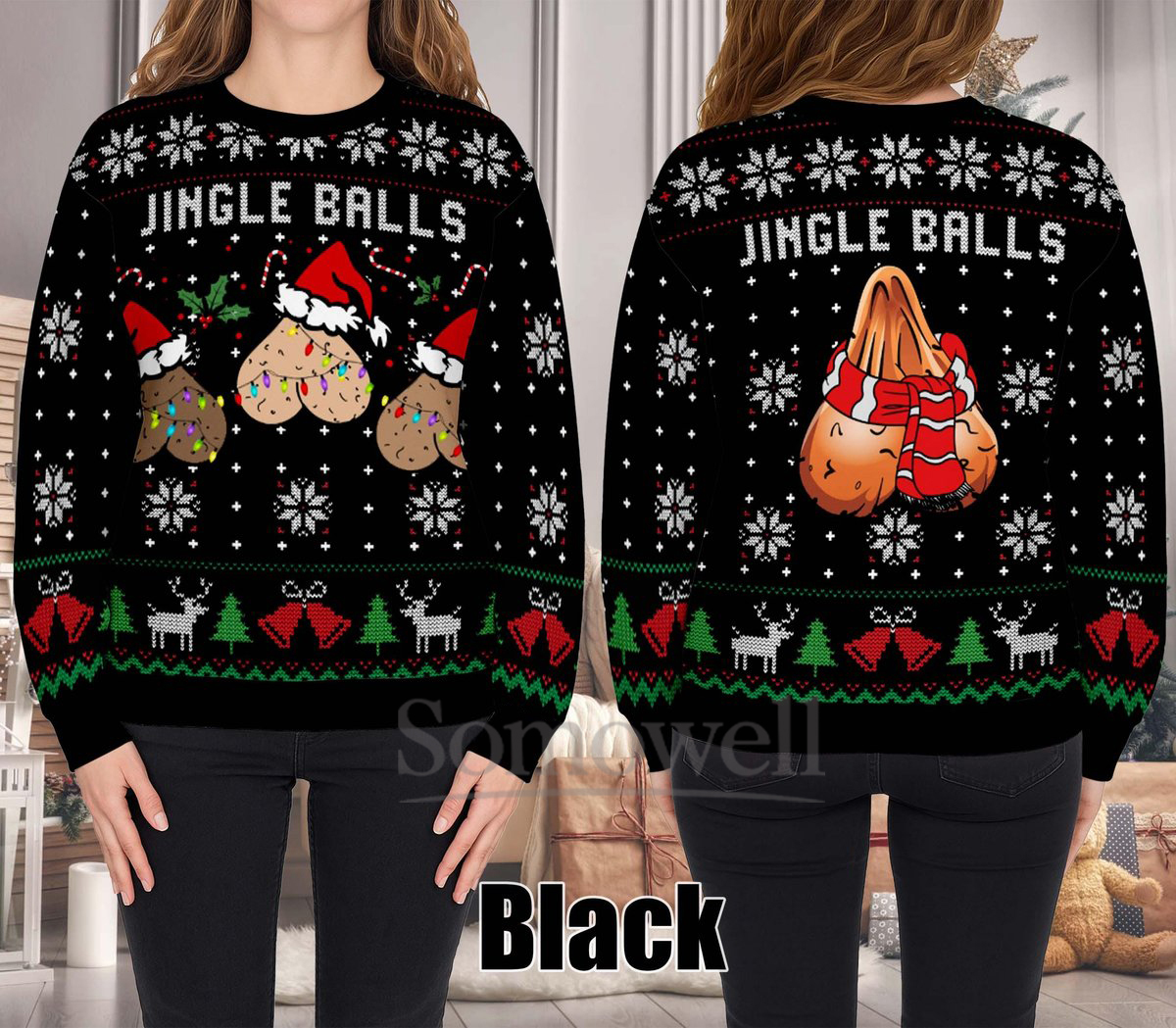 Jingle Balls Ugly Christmas Sweater Funny Naughty Meme Black Holiday Knit Jumper Gift