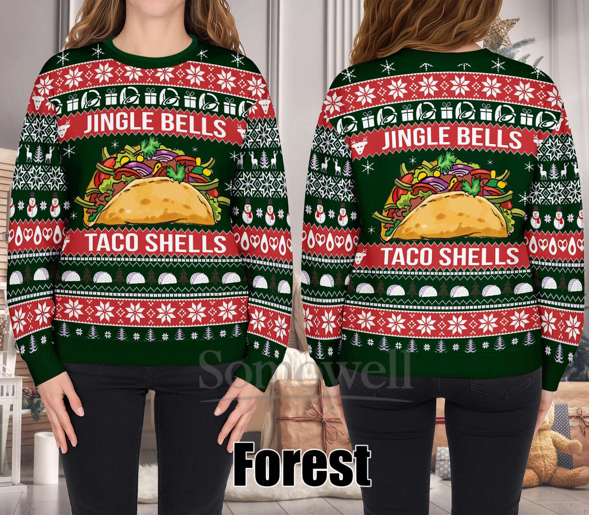 Jingle Bells Taco Shells Ugly Christmas Sweater Funny Food Lover Forest Holiday Knit Jumper