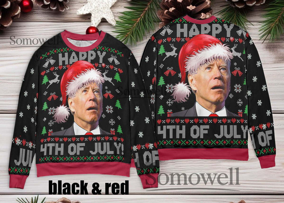 Funny Happy 4th Of July Santa Hat Ugly Christmas Sweater Black Red Humor Edition Multi Color Edition