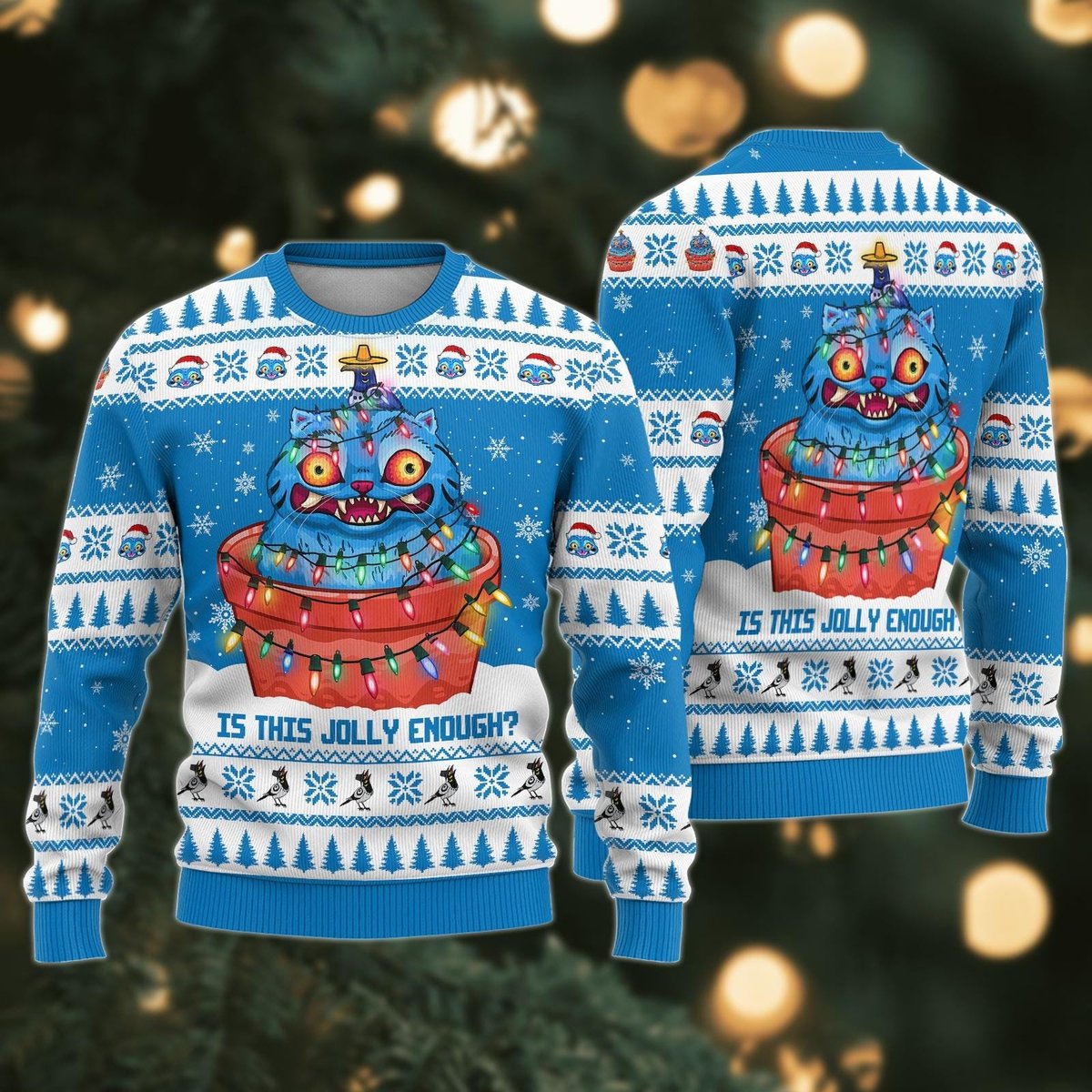 Is This Jolly Enough Funny Crazy Cat Ugly Christmas Sweater Blue Holiday Jumper
