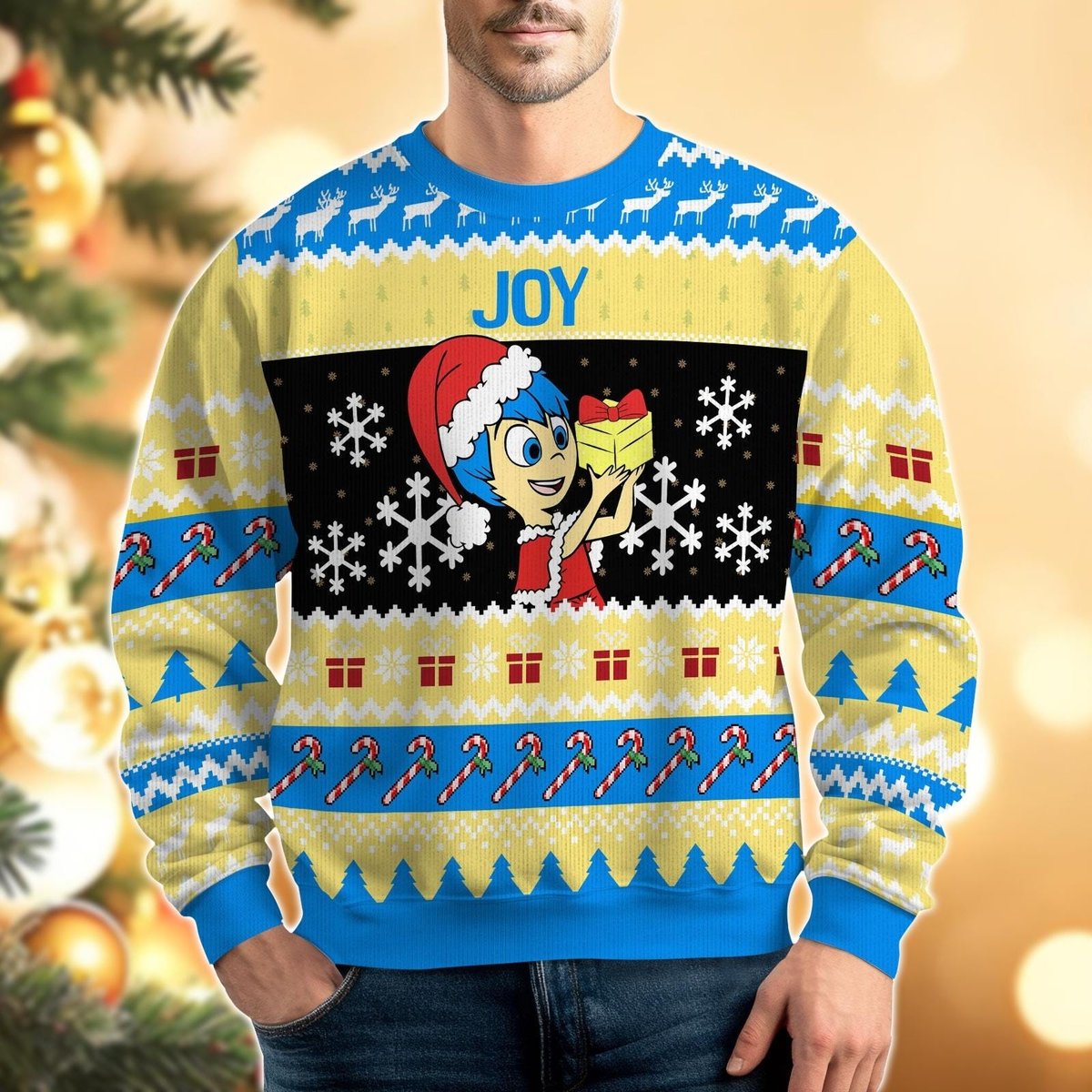 Joy Inside Out Christmas Blue Ugly Sweater Cartoon Character Gift Holiday Cozy Knit Jumper