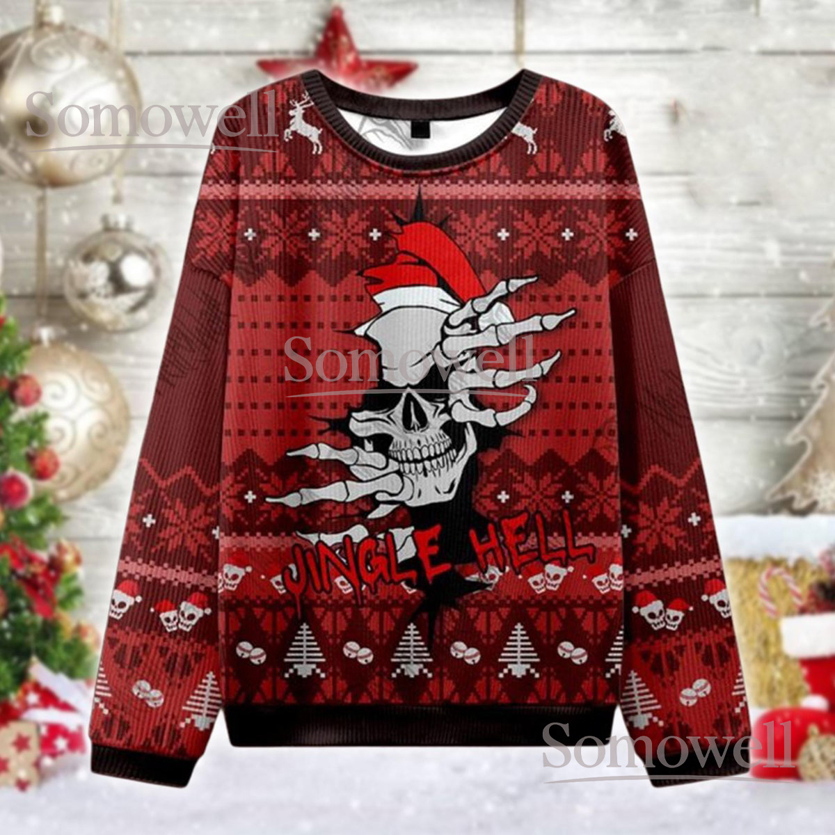 Jingle Hell Skull Santa Red Ugly Christmas Sweater Funny Horror Holiday Knit Jumper