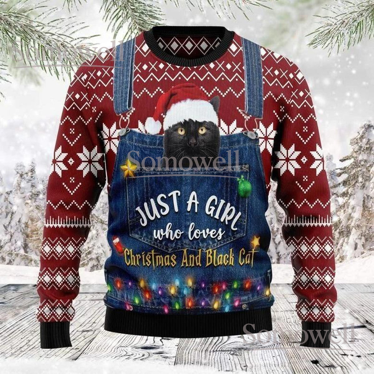 Just A Girl Who Loves Christmas and Black Cat Ugly Sweater Holiday Knit Jumper Gift