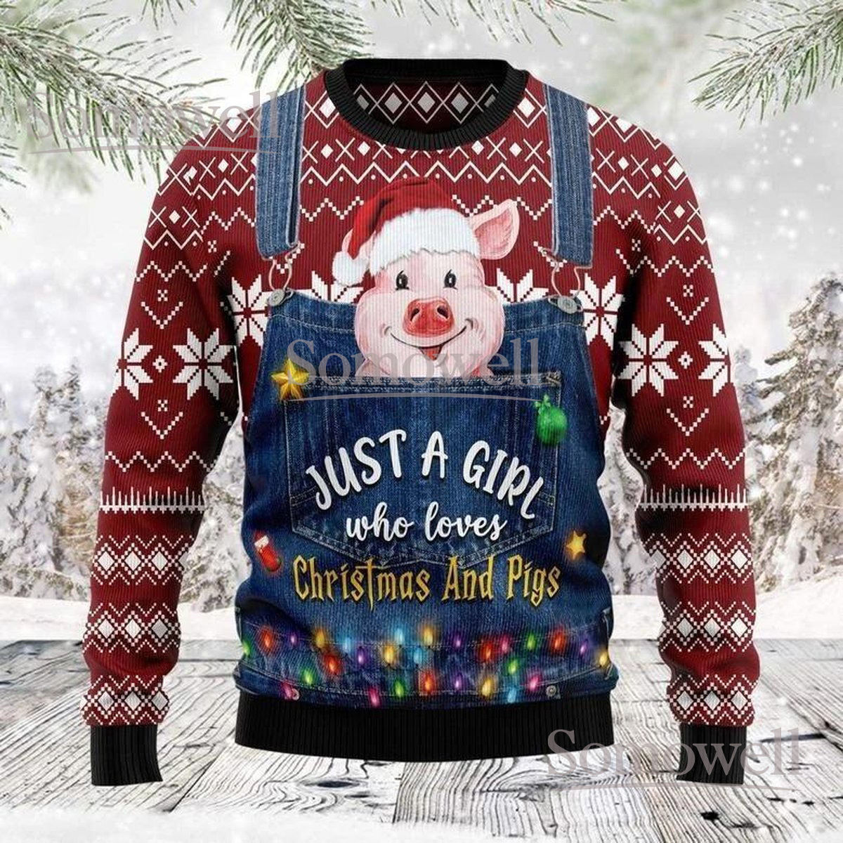 Just A Girl Who Loves Christmas and Pigs Ugly Sweater Holiday Knit Jumper Gift