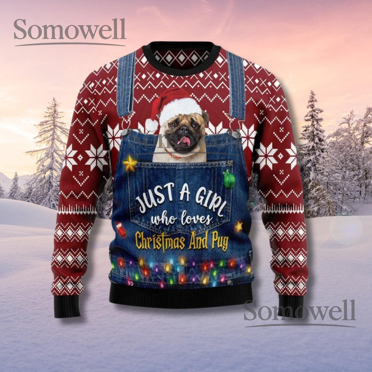 Just A Girl Who Loves Pug Christmas Sweater Funny Dog Lover Holiday Pullover Gift