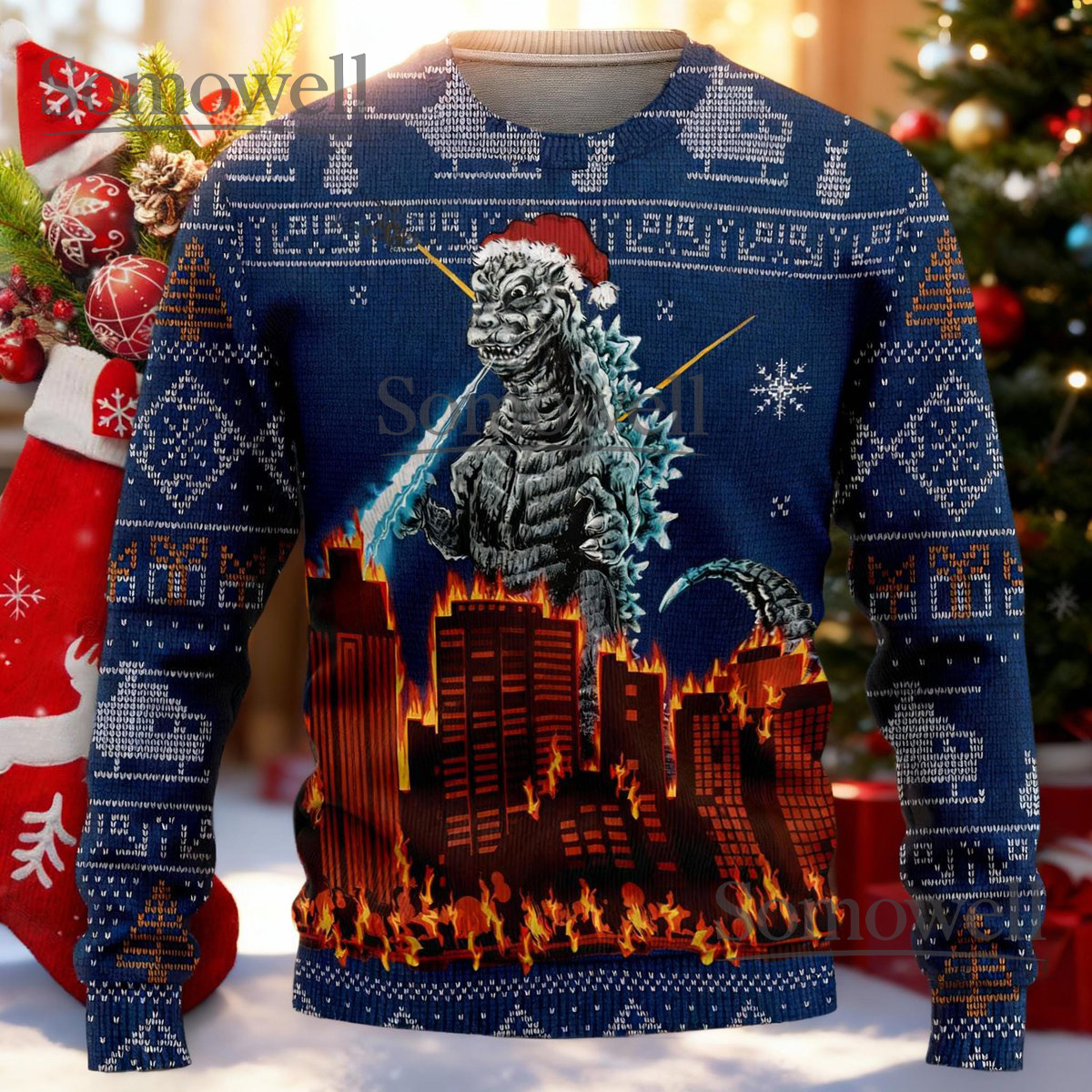 Kaiju Monster Blue City Fire Christmas Ugly Sweater Holiday Knit Gift