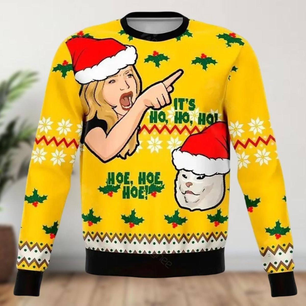 Karen vs Mean Cat Yellow Christmas Ugly Sweater Funny Meme Ho Ho Ho Knit Jumper