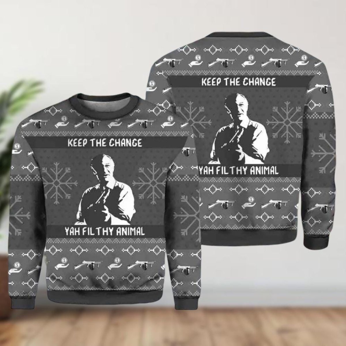 Keep The Change Ya Filthy Animal Christmas Gray Ugly Sweater Funny Home Alone Knit Jumper