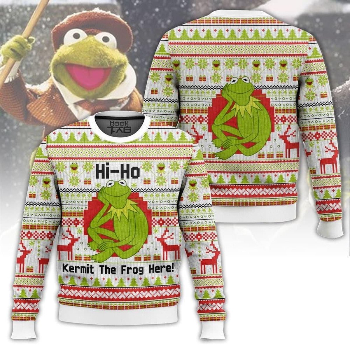 Kermit The Frog Hi Ho White Ugly Christmas Sweater Holiday Knit Gift