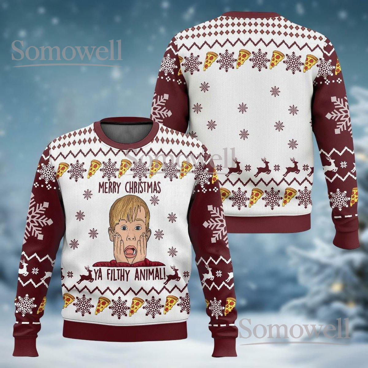 Merry Christmas Ya Filthy Animal Funny Home Alone Ugly Christmas Sweater Pizza Pattern