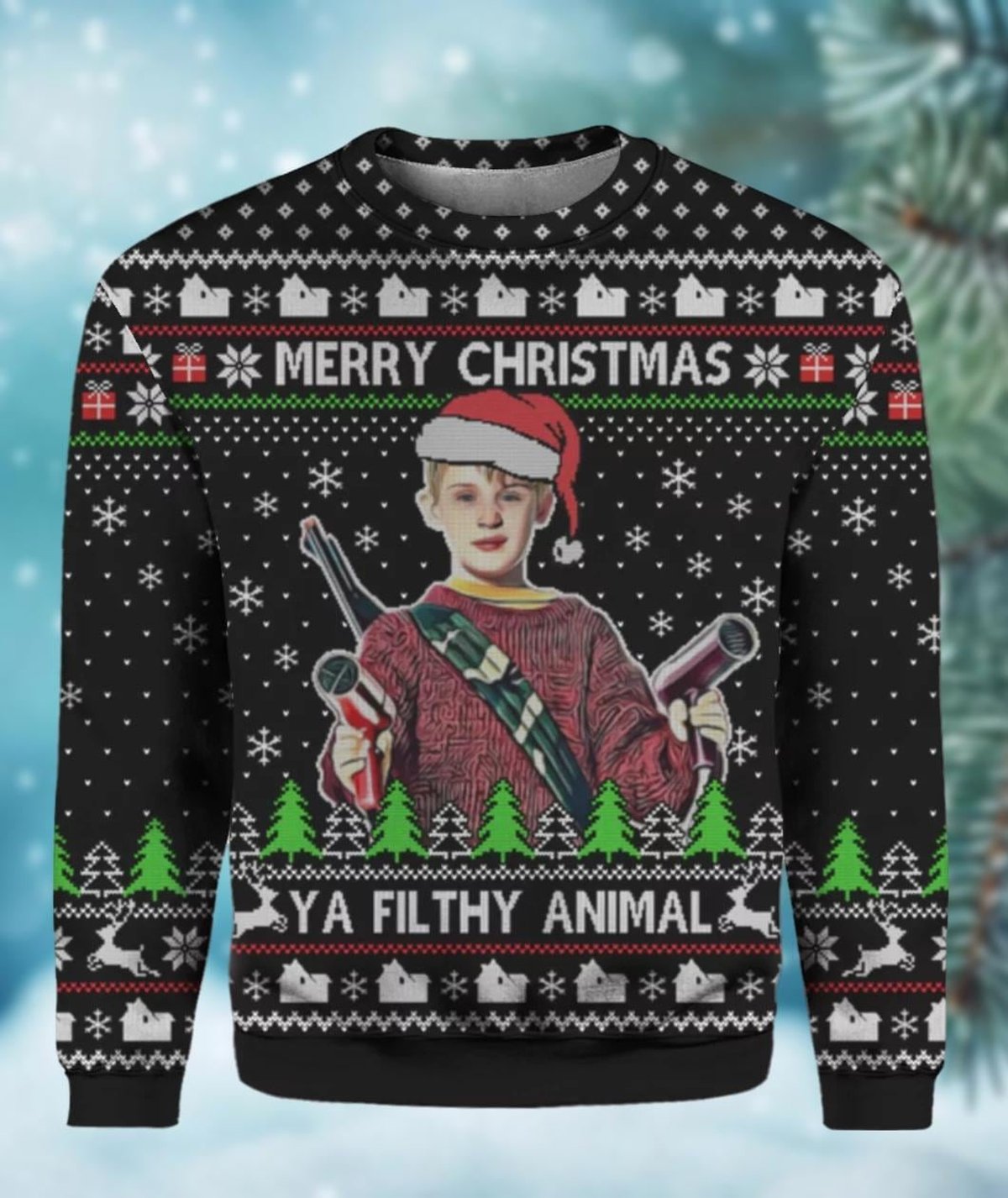 Kevin McCallister Christmas Black Ugly Sweater Funny Home Alone Ya Filthy Animal Knit Jumper