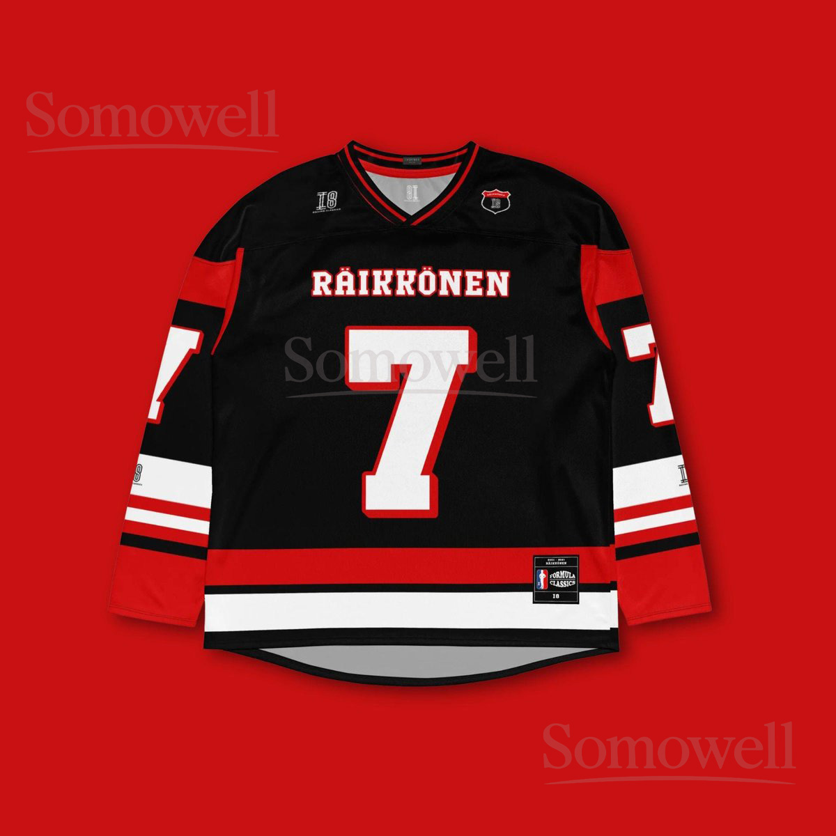 Custom Kimi Raikkonen Ferrari F1 Hockey Jersey Shirt for Racing Fans Red and Black Unisex Design Perfect for Motorsport Enthusiasts