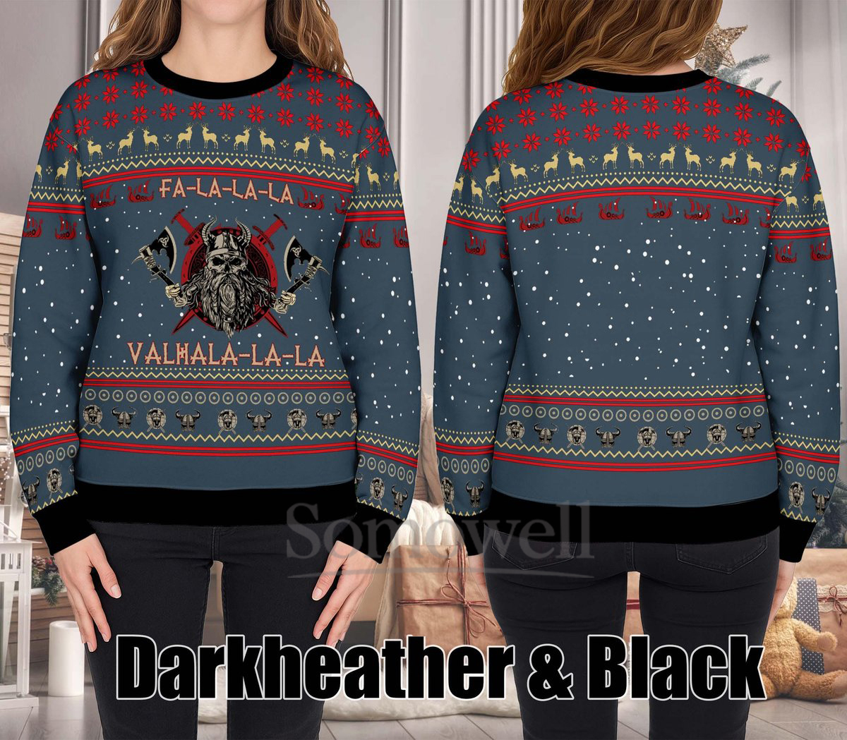 Valhalla La La Viking Ugly Christmas Sweater Funny Warrior Dark Heather Holiday Knit Jumper