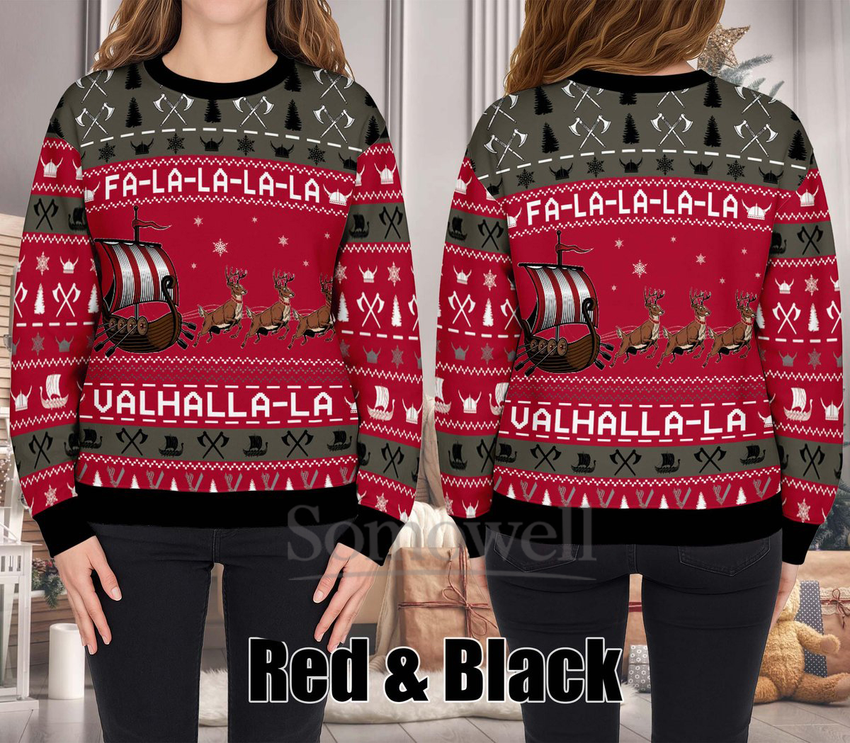 Viking Valhalla Ugly Christmas Sweater Funny Warrior Red Black Holiday Knit Jumper Gift