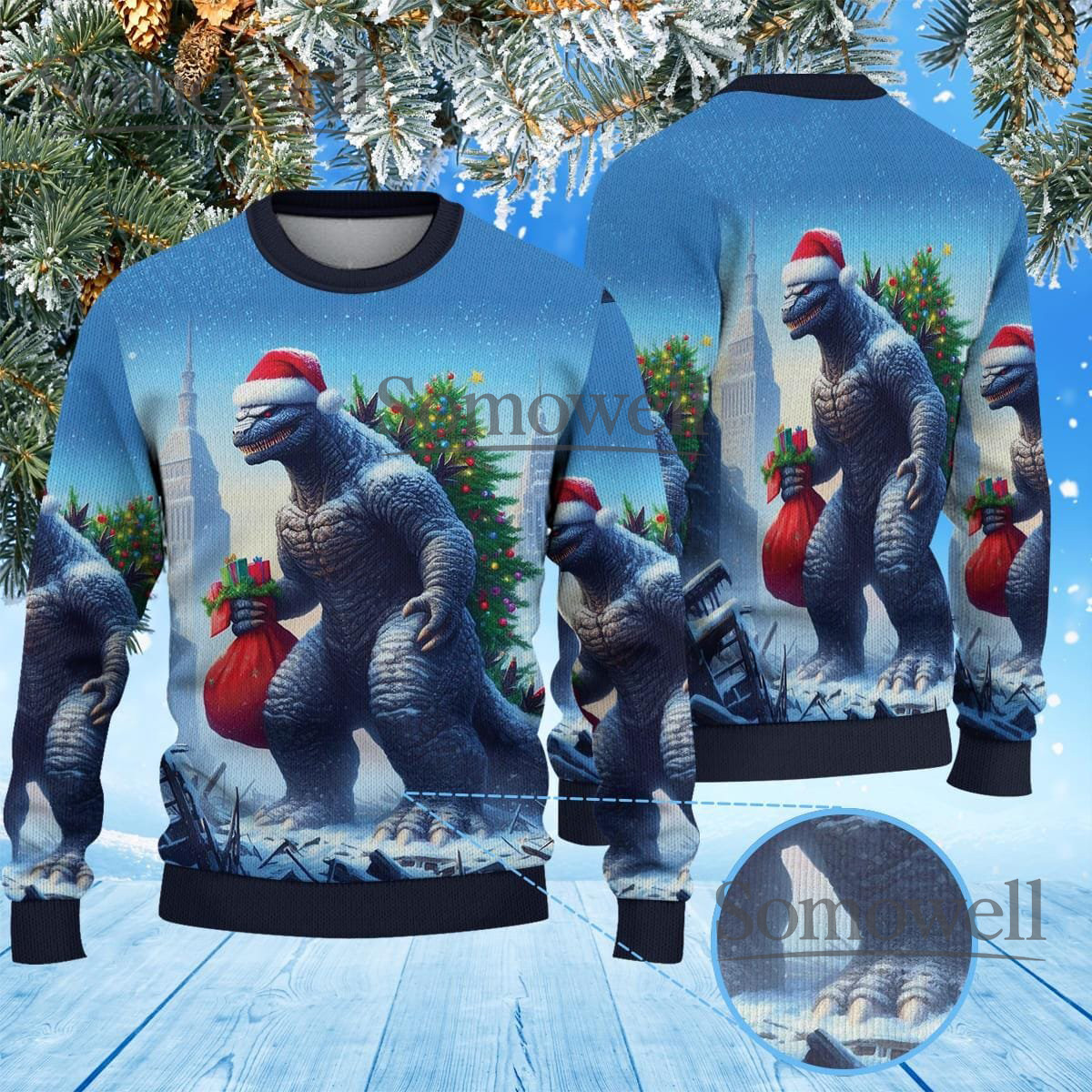 King of Monsters Blue Ugly Christmas Sweater Godzilla Santa Bag Holiday Knit Jumper