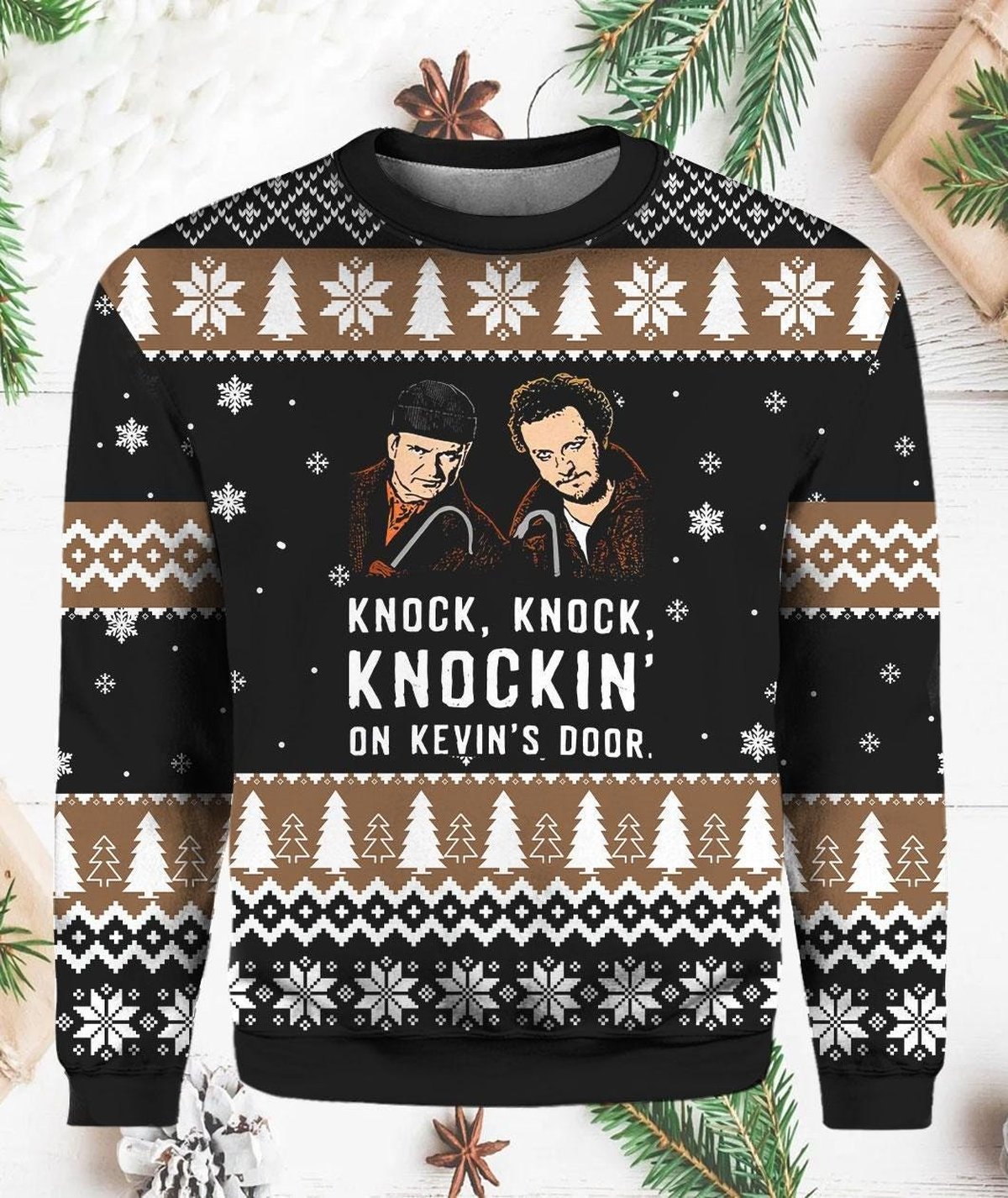 Home Alone Knock Knock On Kevins Door Funny Ugly Christmas Sweater Black Brown Jumper