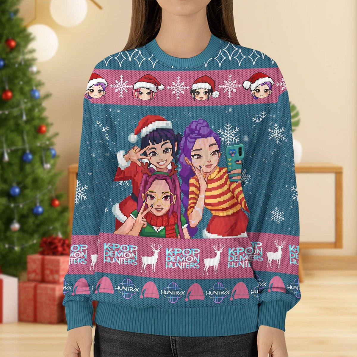 KPOP Demon Hunters Anime Christmas Ugly Sweater Girls Cartoon Holiday Jumper
