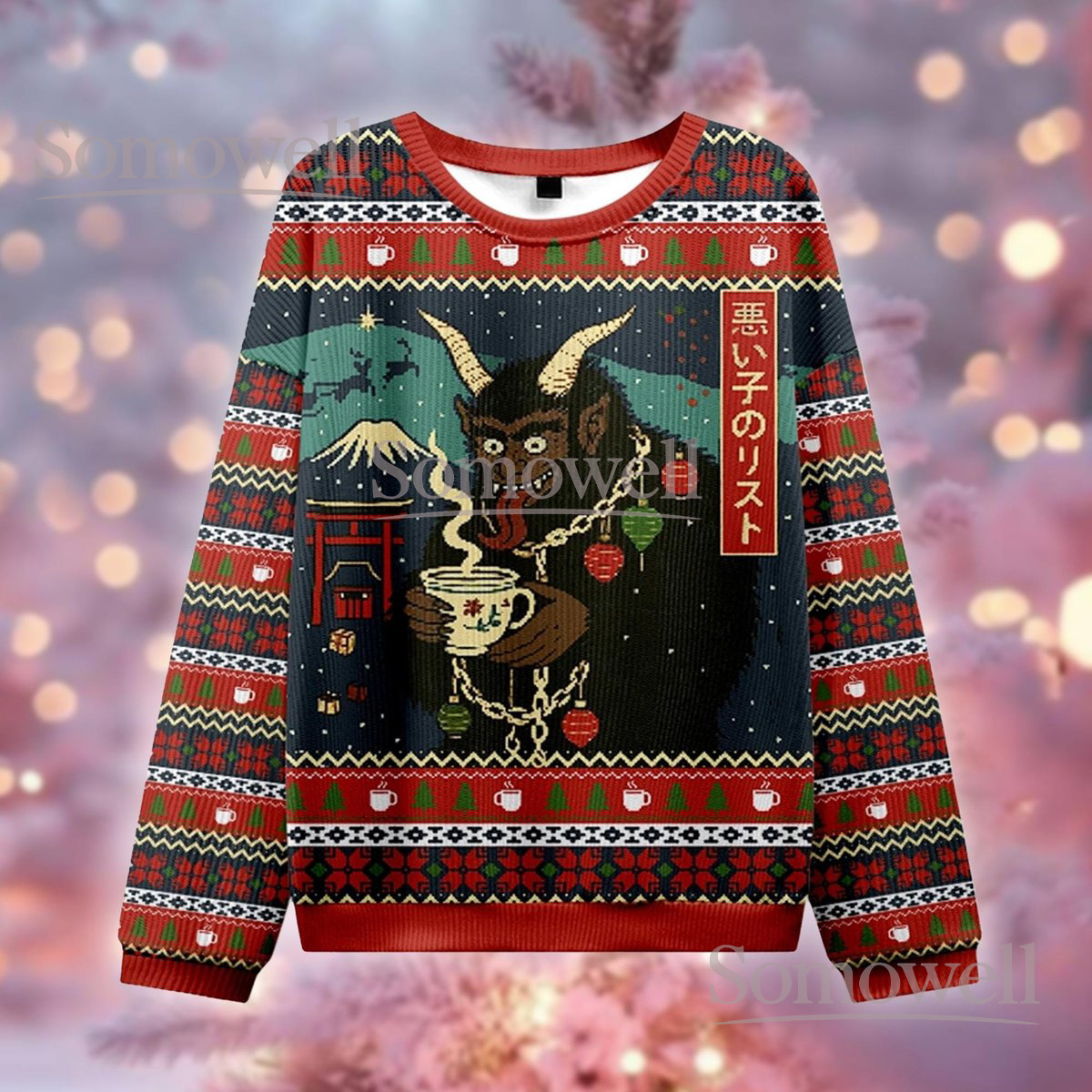 Krampus Coffee Japanese Style Christmas Ugly Sweater Demon Holiday Knit Jumper