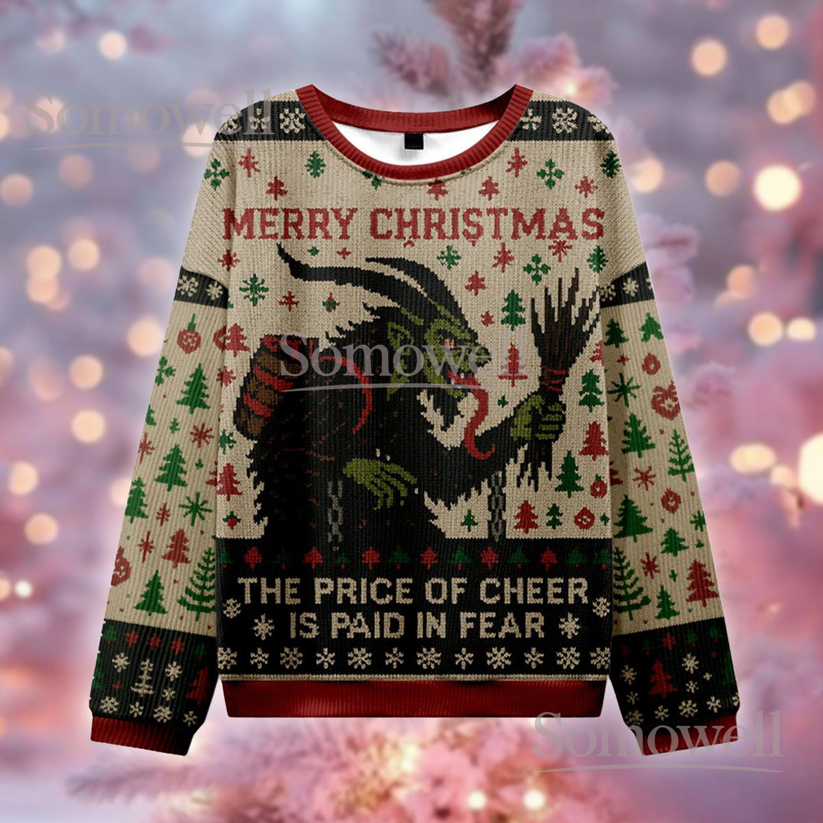Krampus Beige Green Christmas Ugly Sweater The Price of Cheer Is Paid in Fear Knit Jumper