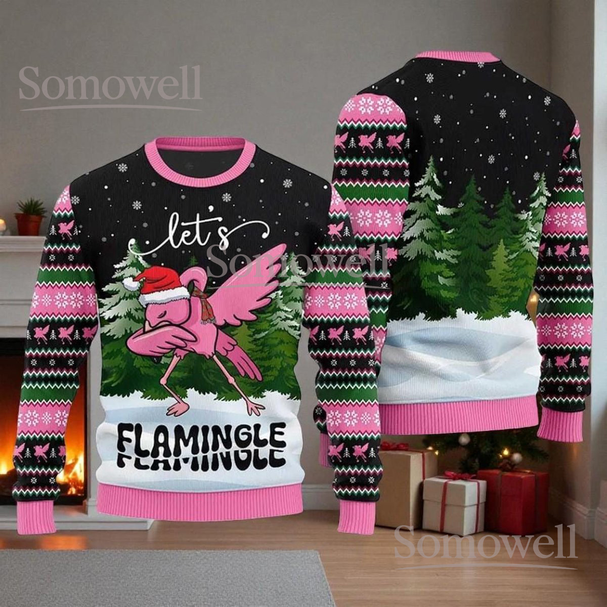 Flamingo Christmas Black Ugly Sweater Funny Tropical Holiday Knit Jumper