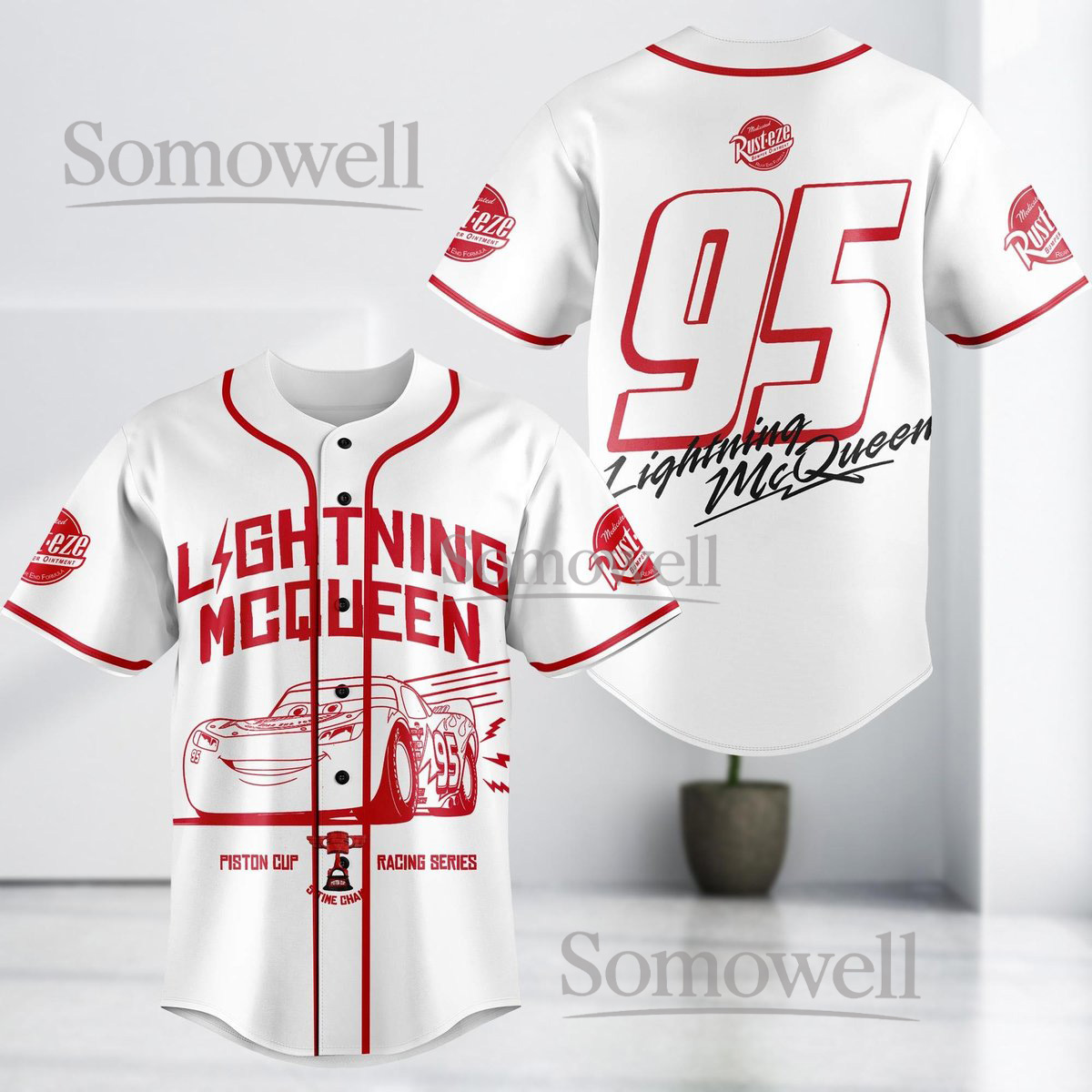 Lightning McQueen Baseball Jersey White Red Car 95 Print Disney Pixar Racing Series Shirt