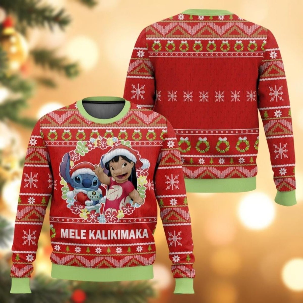 Lilo And Stitch Mele Kalikimaka Christmas Red Ugly Sweater Hawaiian Holiday Gift Knit Jumper