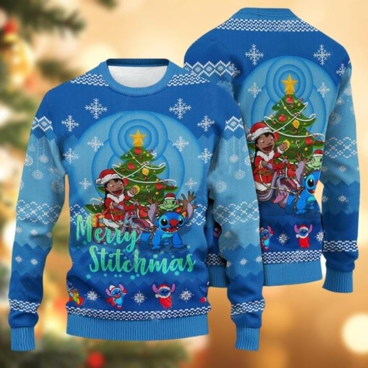 Merry Stitchmas Lilo And Stitch Christmas Blue Ugly Sweater Cute Character Holiday Knit Jumper