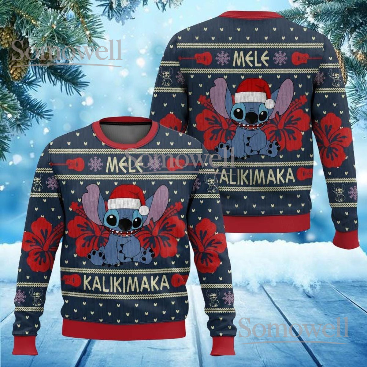 Lilo And Stitch Mele Kalikimaka Christmas Ugly Sweater Funny Disney Holiday Knit Jumper
