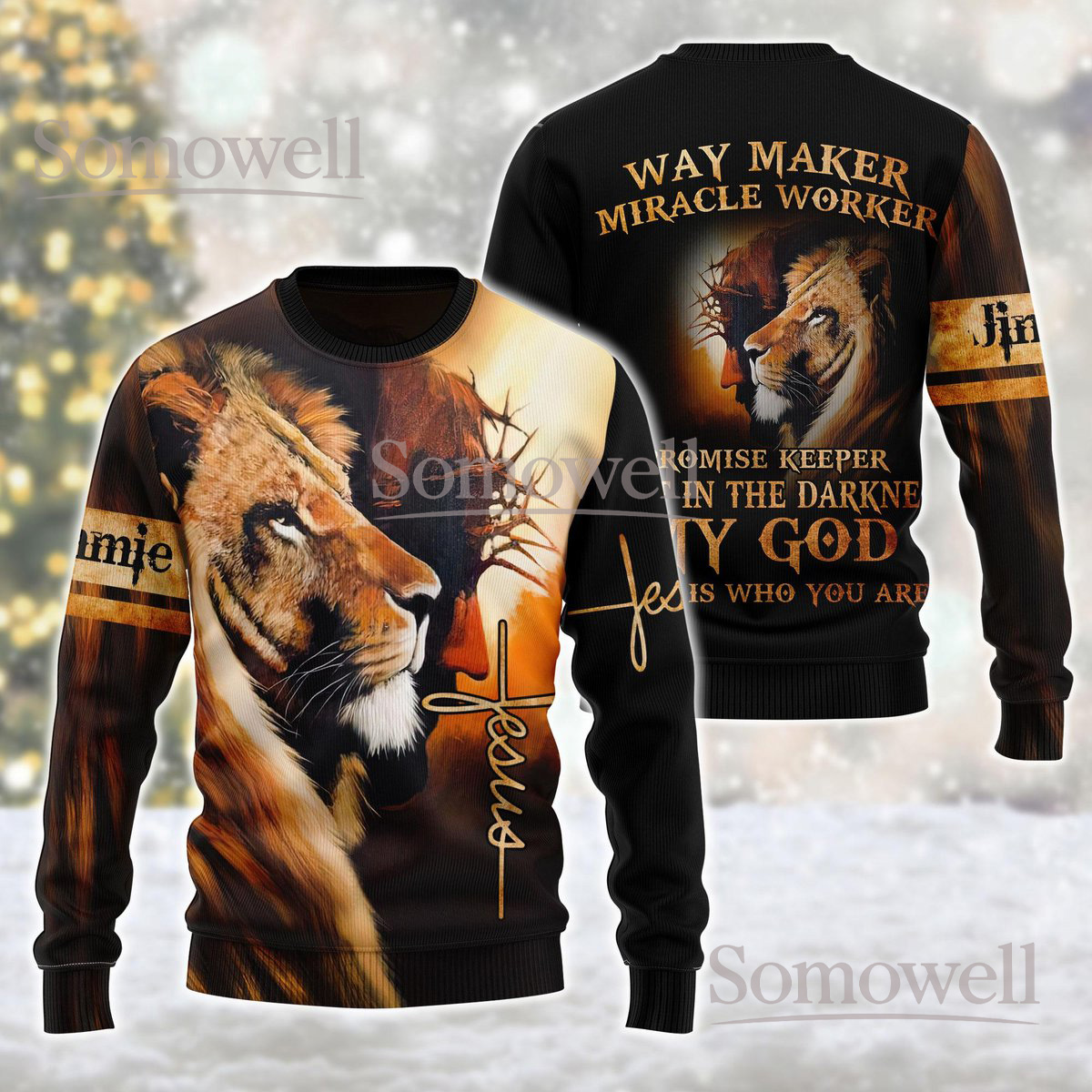 Lion Cross Light Way Maker Miracle Worker Jesus Sweater Holiday Knit Jumper