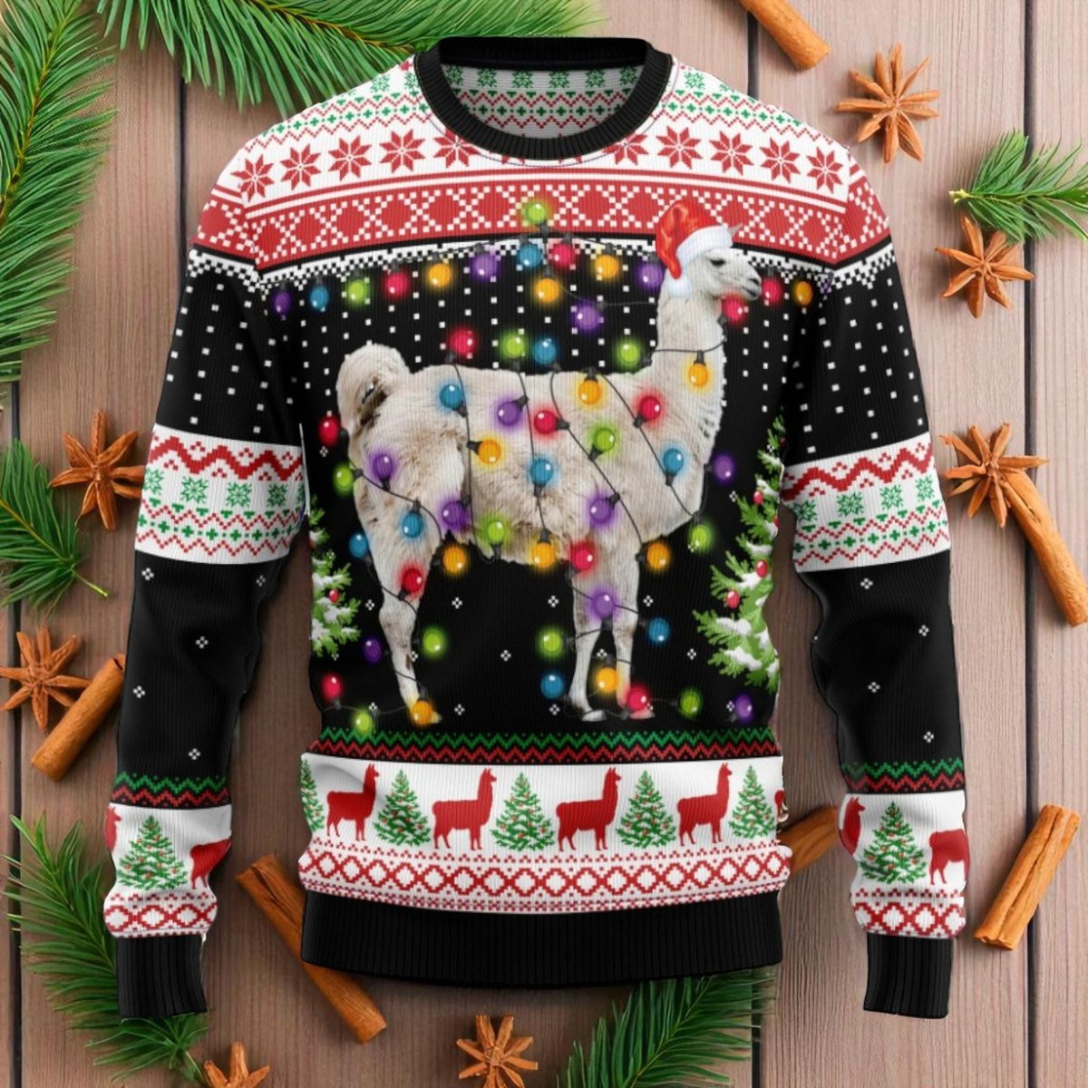 Llama Lights Black Funny Ugly Christmas Sweater Festive Animal Holiday Knit Jumper