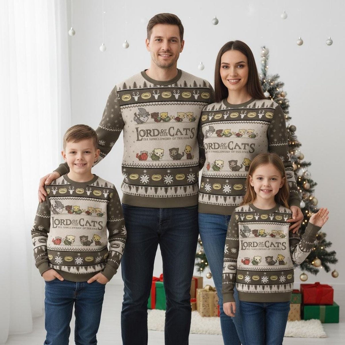 Lord of the Cats Fellowship of the Ring Funny Ugly Christmas Sweater Brown Jumper