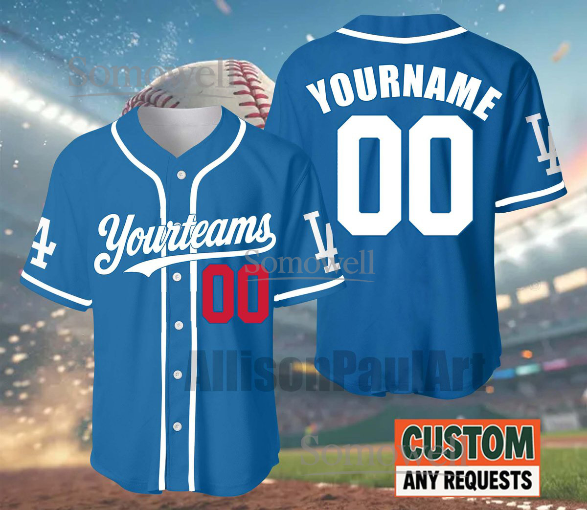 Los Angeles Baseball Jersey Blue Red Number Accent Custom Team Name and Player Number Edition