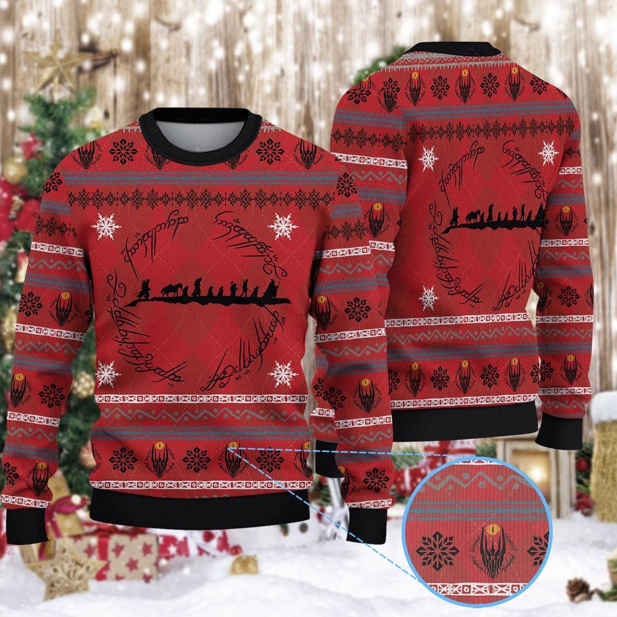 Lord Of The Rings Red Christmas Ugly Sweater Fellowship Design Fantasy Holiday Knit Jumper
