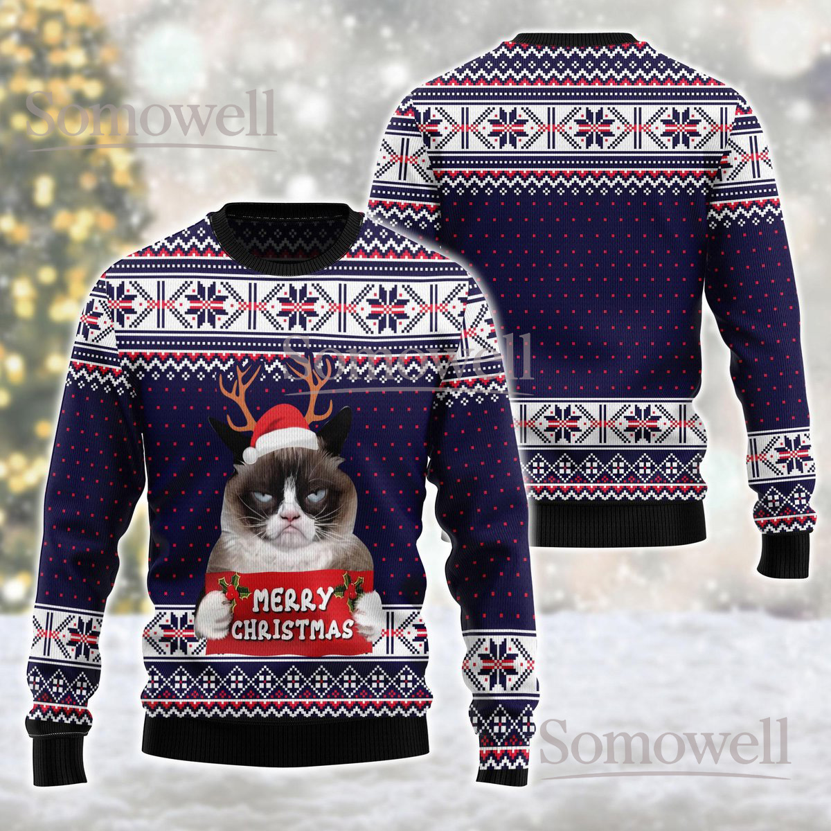 Grumpy Cat Merry Christmas Ugly Sweater Funny Cat Lover Holiday Knit Jumper Gift